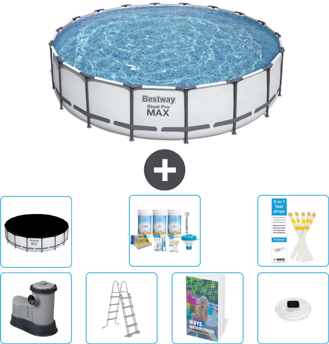 Bestway Rond Steel Pro MAX Zwembad - 549 x 122 cm - Grijs - Inclusief Pomp - Ladder - Afdekzeil - Onderhoudspakket - Verlichting - 8-delig