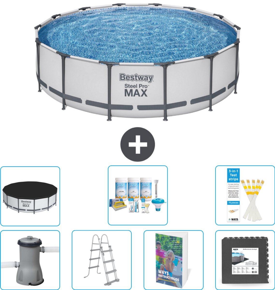 Bestway Rond Steel Pro MAX Zwembad - 427 x 107 cm - Grijs - Inclusief Pomp - Ladder - Afdekzeil - Onderhoudspakket - Vloertegels - 8-delig