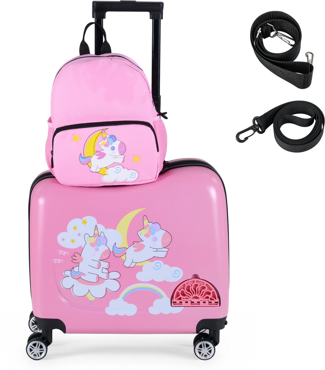 KOMFOTTEU 2-delige Kinderset – 18 Inch Kinder Cabinekoffer met Wielen en Telescoopgreep + 12 Inch Rugzak – Harde Reiskoffer voor Jongens en Meisjes – eenhoorn