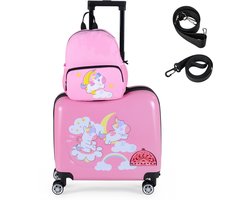 KOMFOTTEU 2-delige Kinderset - 18 Inch Kinder Cabinekoffer met Wielen en Telescoopgreep + 12 Inch Rugzak - Harde Reiskoffer voor Jongens en Meisjes - eenhoorn