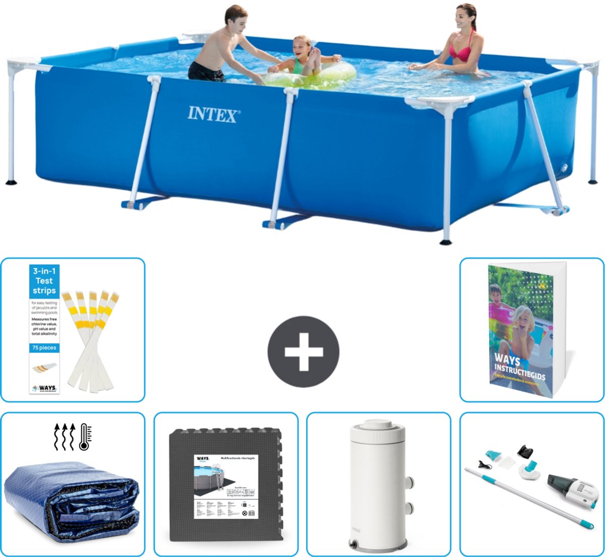 Intex Rechthoekig Frame Zwembad - 300 x 200 x 75 cm - Blauw - Inclusief Solarzeil - Vloertegels - Zwembadfilterpomp - Stofzuiger - 7-delig