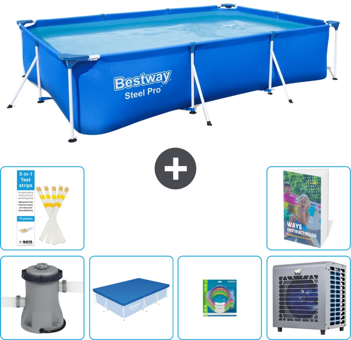 Bestway Rechthoekig Steel Pro Zwembad - 300 x 201 x 66 cm - Blauw - Inclusief Pomp - Afdekzeil - Speelgoed - Warmtepomp - 7-delig