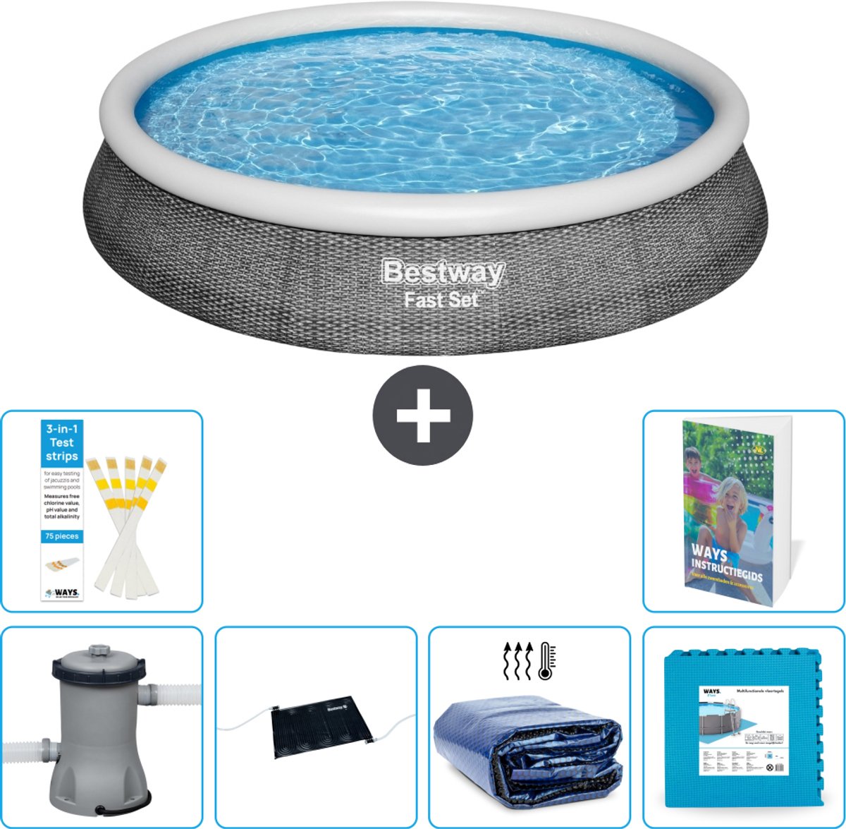 Bestway Rond Opblaasbaar Fast Set Zwembad - Rotanprint - 396 x 84 cm - Inclusief Pomp - Solar Mat - Solarzeil - Vloertegels - 7-delig