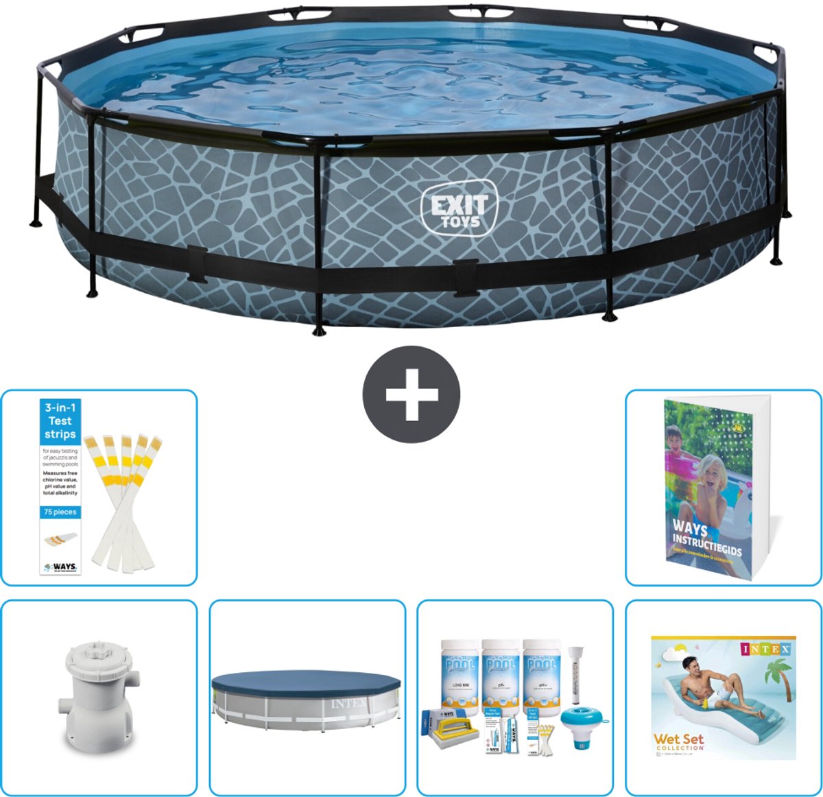 EXIT Rond Stone Frame Zwembad - 360 x 76 cm - Inclusief Pomp - Afdekzeil - Onderhoudspakket - Loungebed - 7-delig