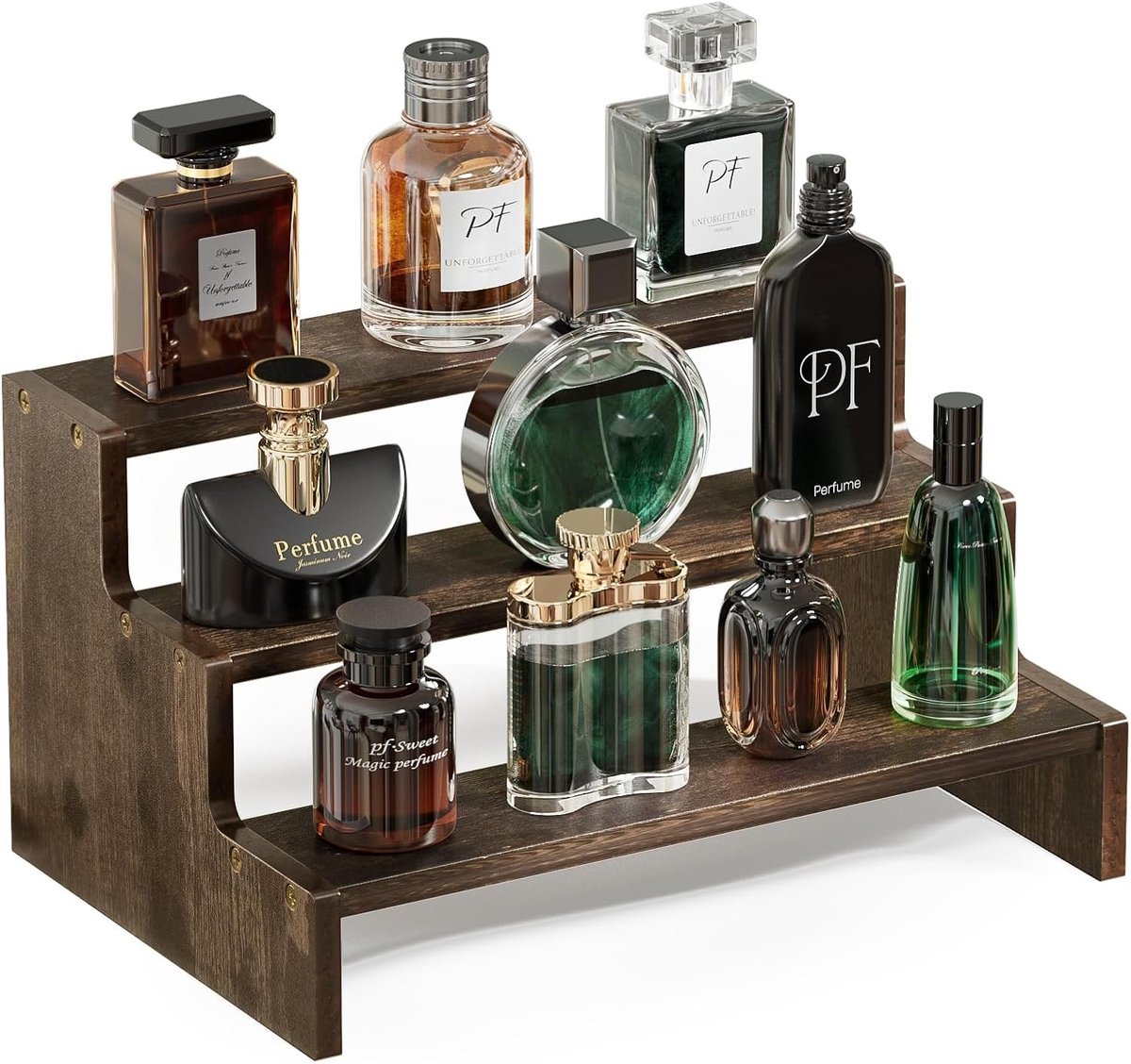 Houten Organizer voor Parfums en Make-up met 3 Niveaus, Multifunctionele Displaystand voor Cosmetica, Geurkaarsen en Vaniteitsopslag in Bruin