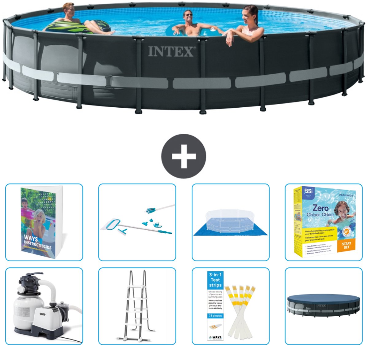 Intex Rond Ultra XTR Frame Zwembad - 610 x 122 cm - Inclusief Pomp - Ladder - Grondzeil - Afdekzeil - Schoonmaakset - Onderhoudspakket - 9-delig