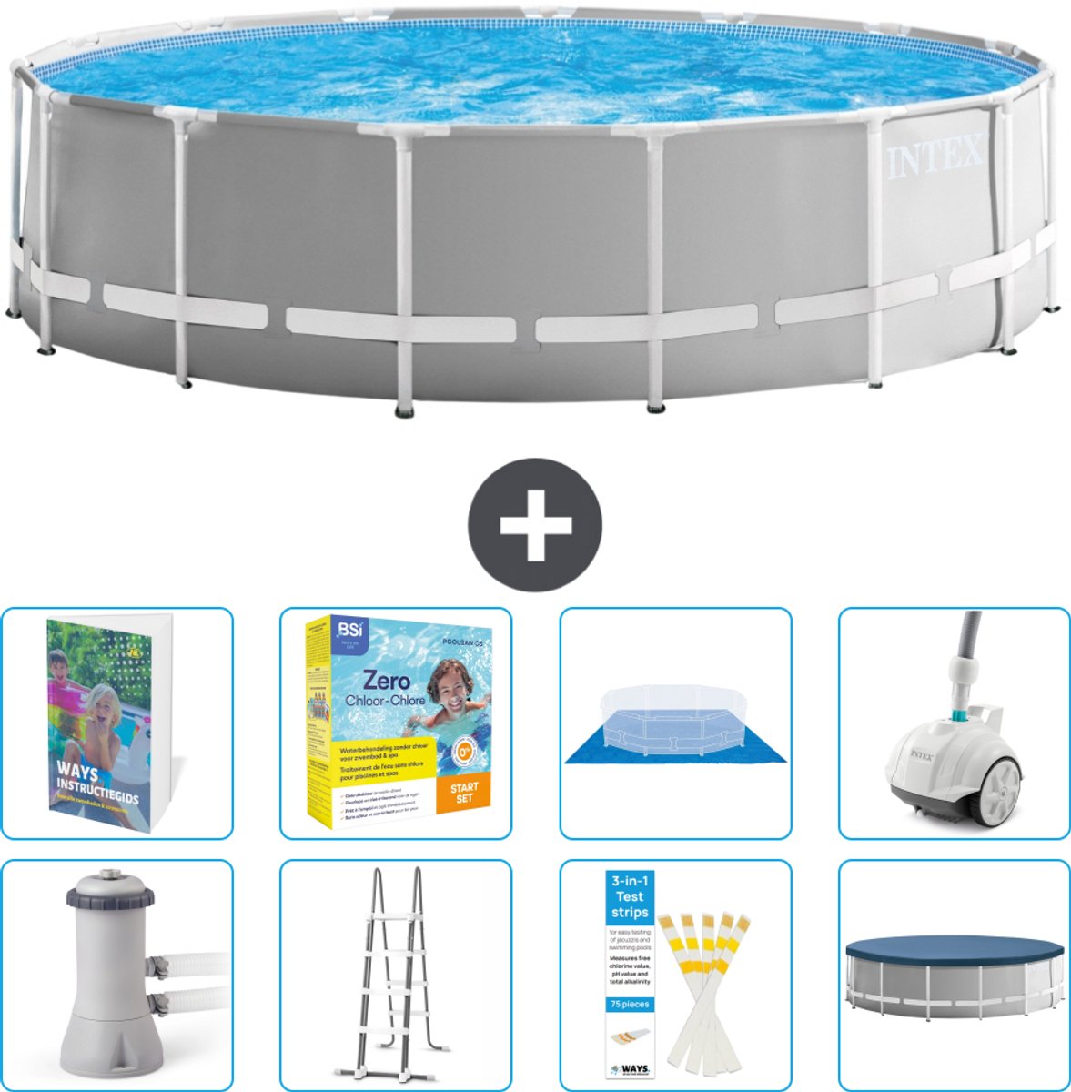 Intex Rond Prism Frame Zwembad - 457 x 122 cm - Grijs - Inclusief Pomp - Ladder - Grondzeil - Afdekzeil - Onderhoudspakket - Stofzuiger - 9-delig