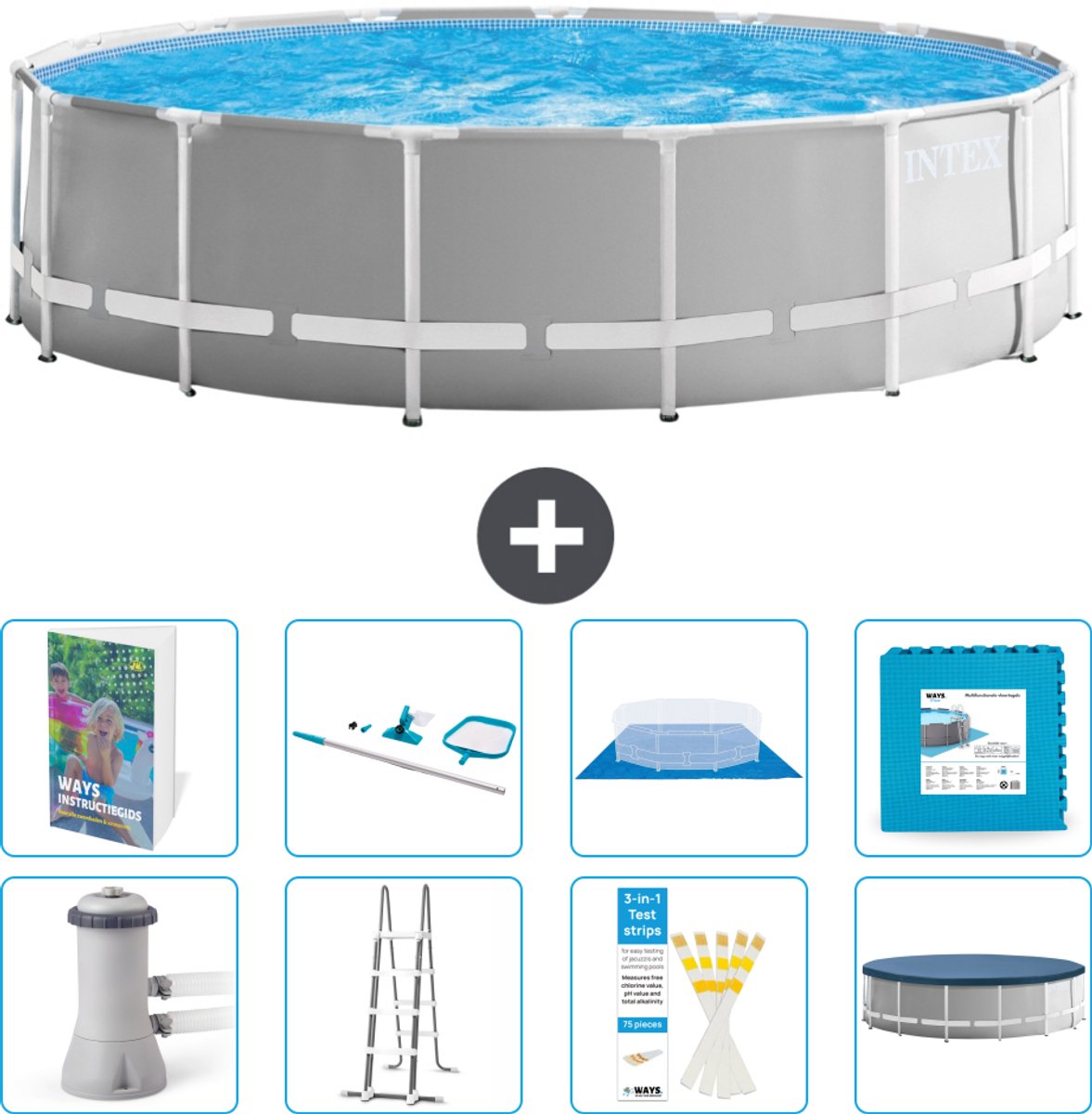 Intex Rond Prism Frame Zwembad - 457 x 122 cm - Grijs - Inclusief Pomp - Ladder - Grondzeil - Afdekzeil - Schoonmaakset - Vloertegels - 9-delig