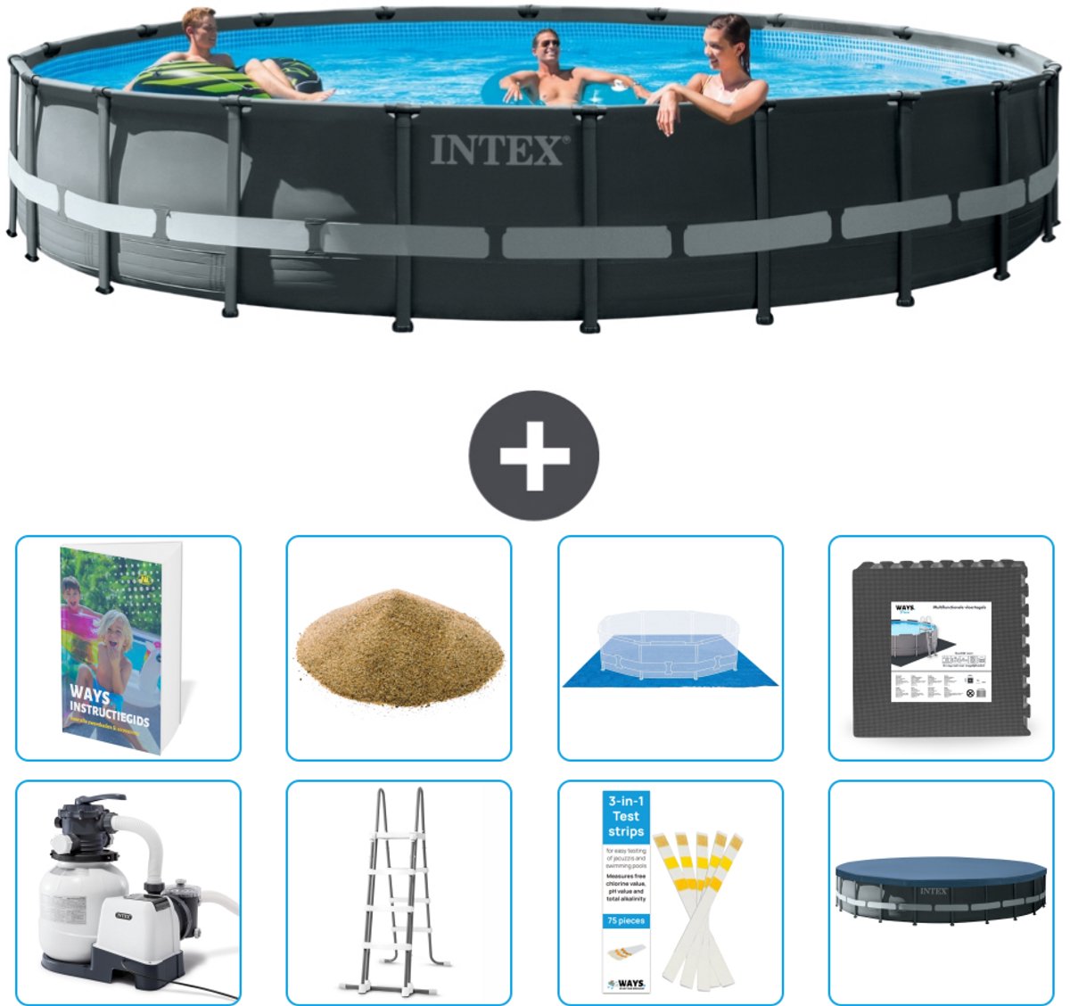 Intex Rond Ultra XTR Frame Zwembad - 610 x 122 cm - Inclusief Pomp - Ladder - Grondzeil - Afdekzeil - Filterzand - Vloertegels - 9-delig
