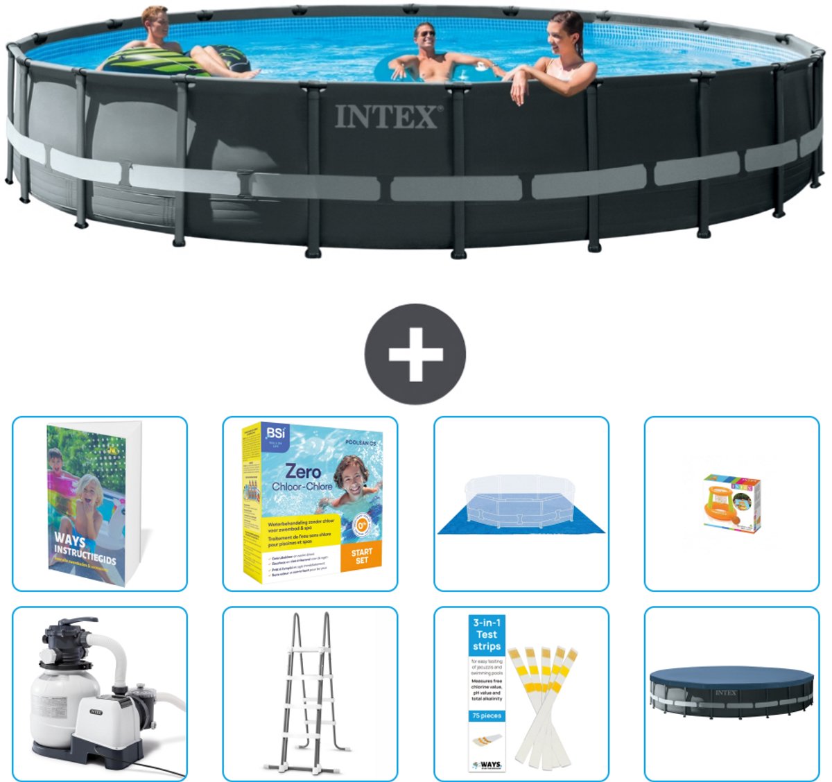 Intex Rond Ultra XTR Frame Zwembad - 610 x 122 cm - Inclusief Pomp - Ladder - Grondzeil - Afdekzeil - Onderhoudspakket - Speelgoed - 9-delig