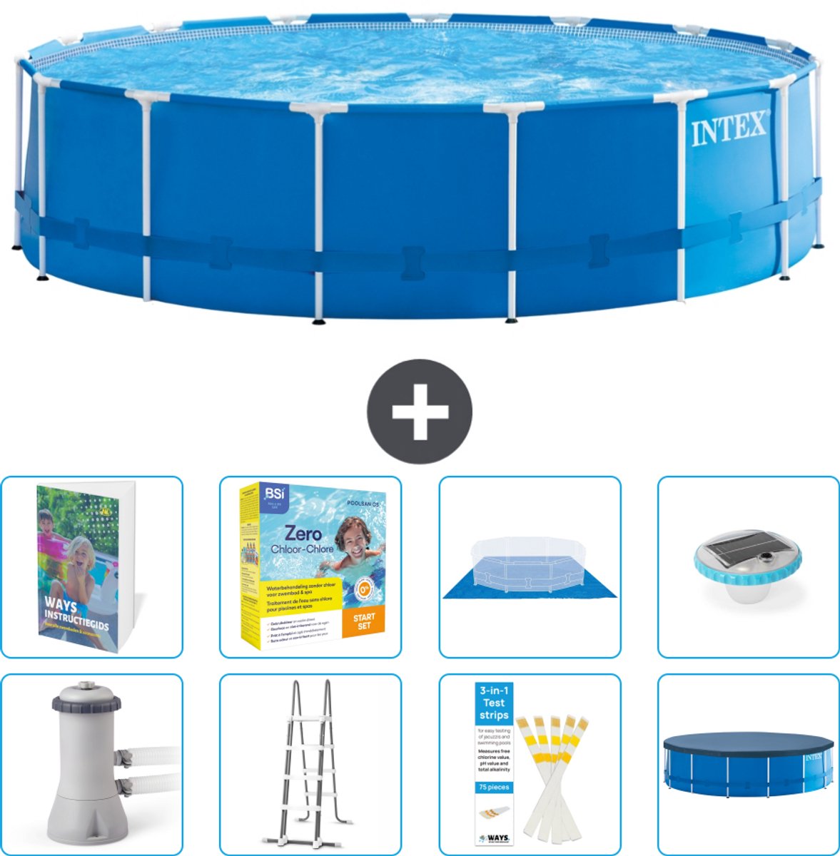 Intex Rond Frame Zwembad - 457 x 122 cm - Blauw - Inclusief Pomp - Ladder - Grondzeil - Afdekzeil - Onderhoudspakket - Verlichting - 9-delig