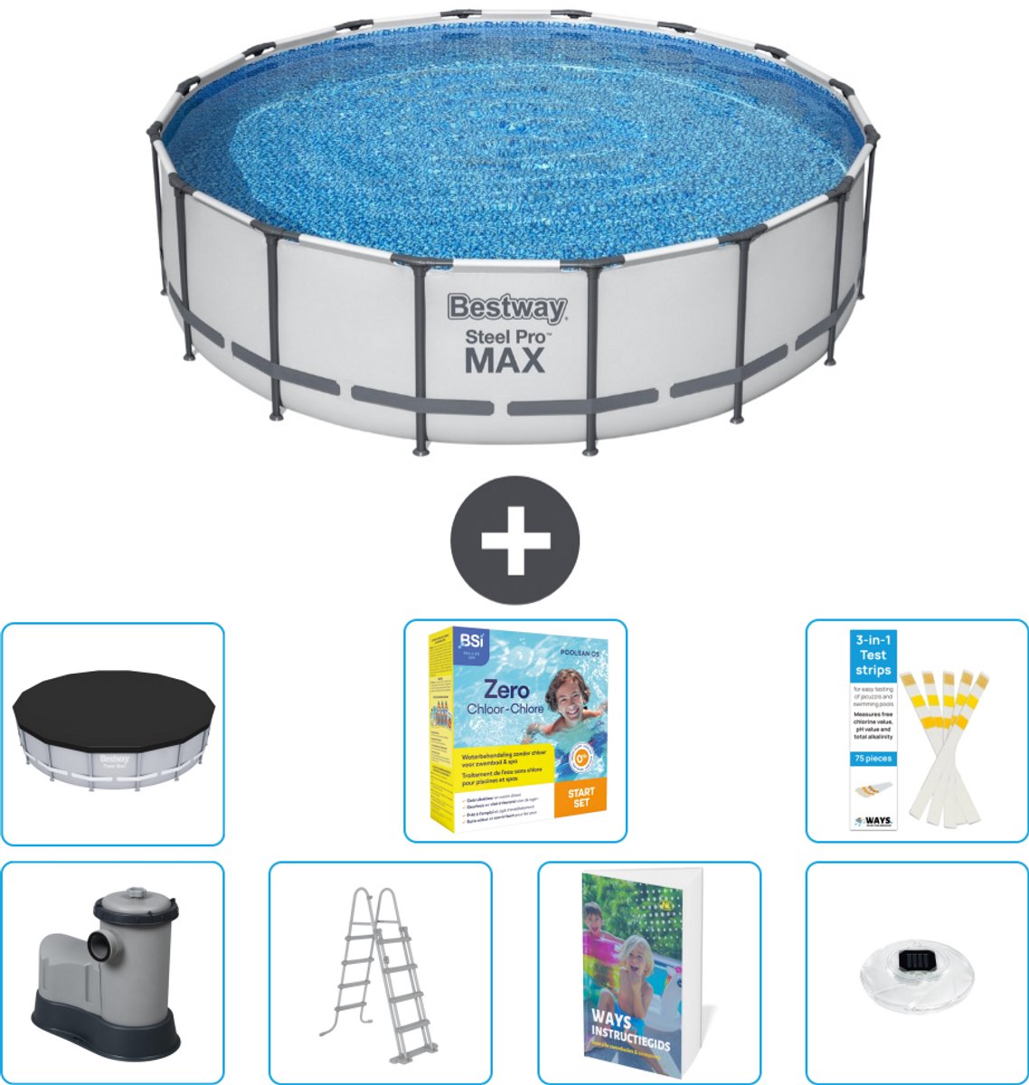 Bestway Rond Steel Pro MAX Zwembad - 488 x 122 cm - Grijs - Inclusief Pomp - Ladder - Afdekzeil - Onderhoudspakket - Verlichting - 8-delig
