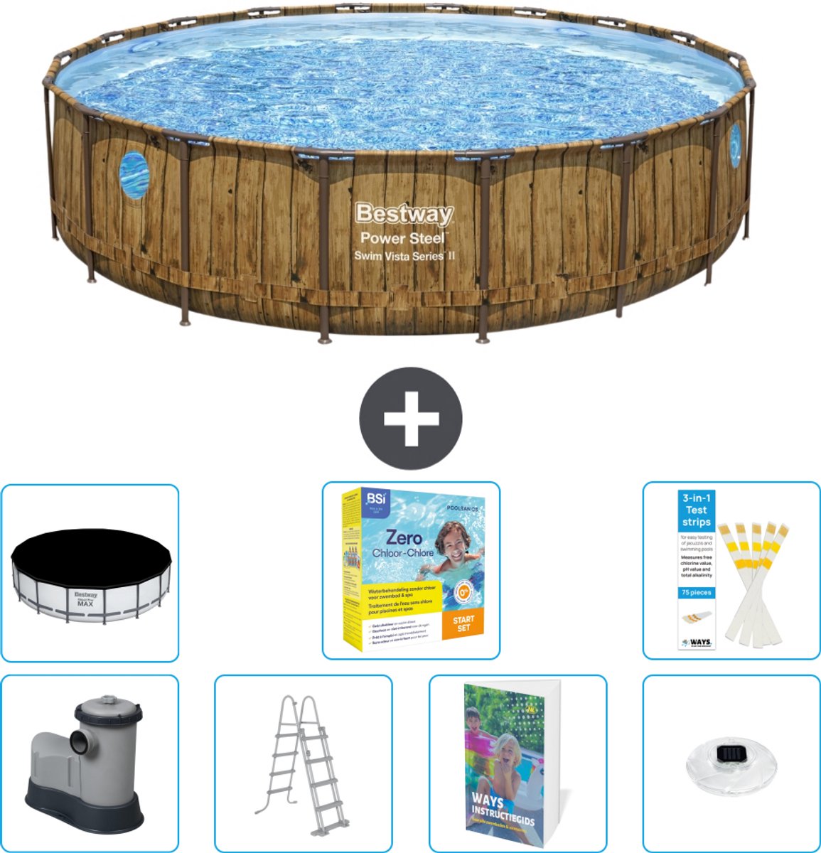 Bestway Rond Power Steel Swim Vista Zwembad - Houtprint - 549 x 122 - Inclusief Pomp - Ladder - Afdekzeil - Onderhoudspakket - Verlichting - 8-delig