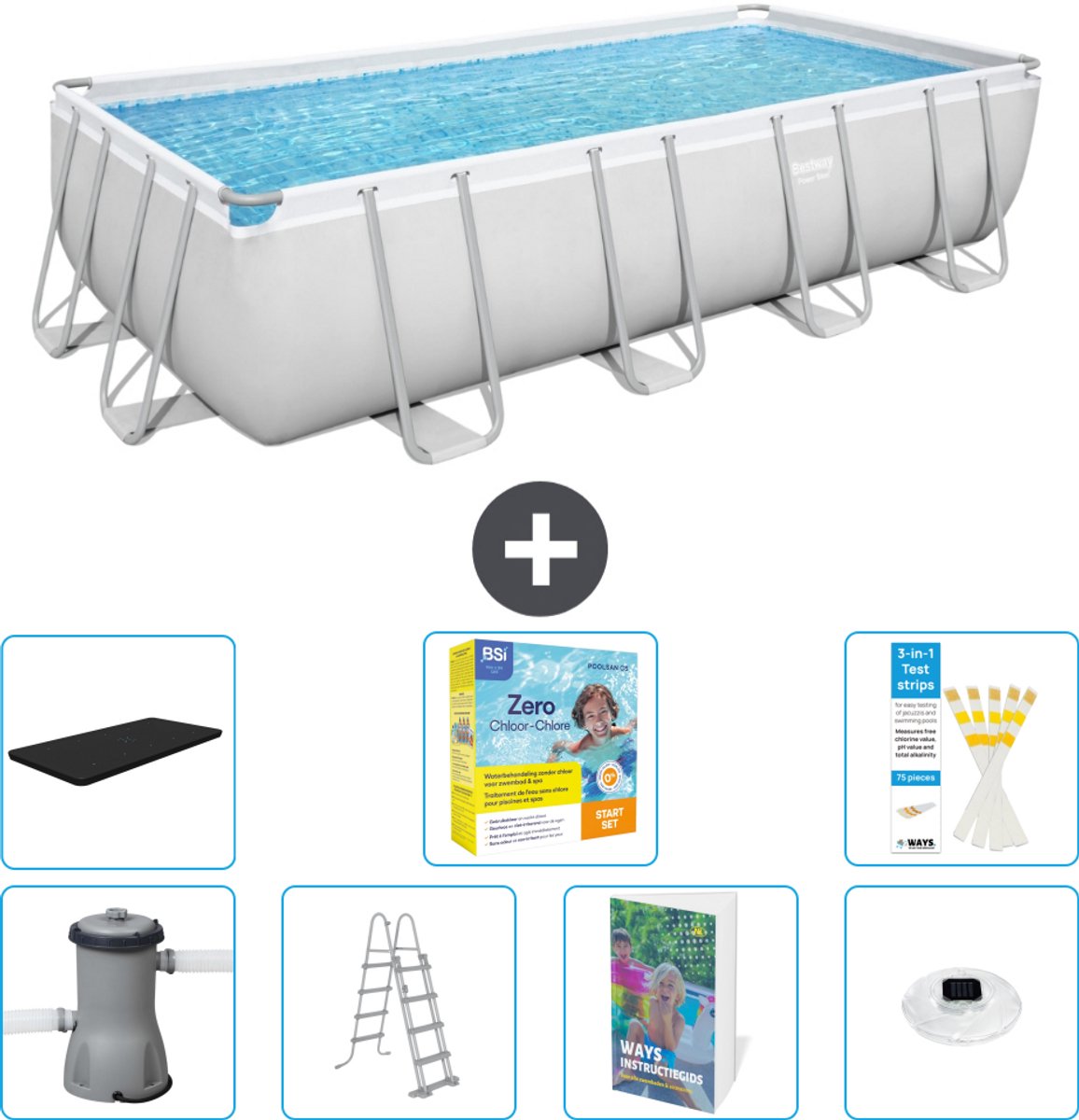 Bestway Rechthoekig Power Steel Zwembad - 488 x 244 x 122 - Grijs Inclusief Pomp - Ladder - Afdekzeil - Onderhoudspakket - Verlichting - 8-delig