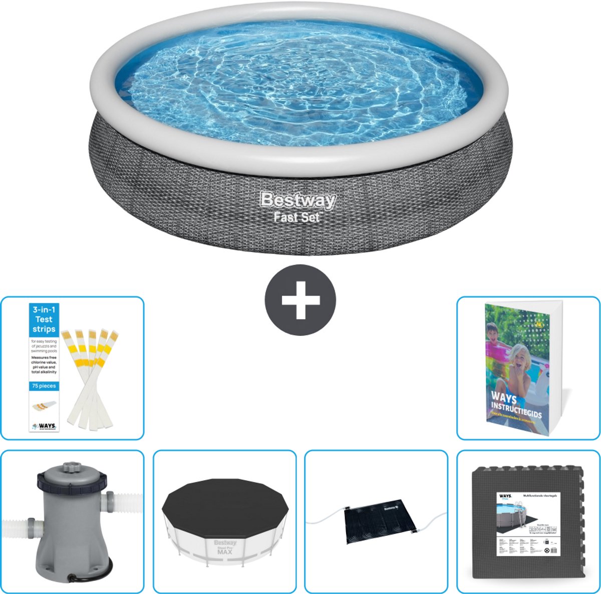 Bestway Rond Opblaasbaar Fast Set Zwembad - Rotanprint - 366 x 76 cm - Inclusief Pomp - Afdekzeil - Solar Mat - Vloertegels - 7-delig