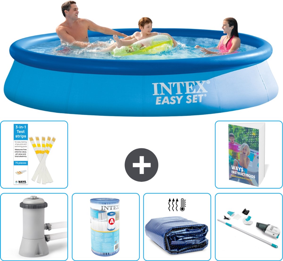 Intex Rond Opblaasbaar Easy Set Zwembad - 366 x 76 cm - Blauw - Inclusief Pomp - Filter - Solarzeil - Stofzuiger - 7-delig