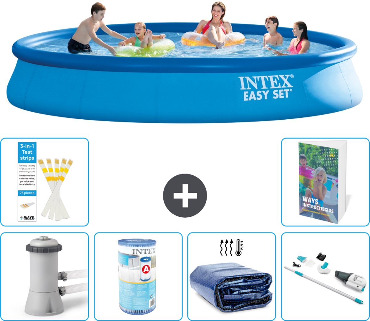 Intex Rond Opblaasbaar Easy Set Zwembad - 457 x 84 cm - Blauw - Inclusief Pomp - Filter - Solarzeil - Stofzuiger - 7-delig