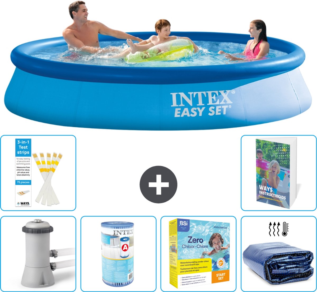 Intex Rond Opblaasbaar Easy Set Zwembad - 366 x 76 cm - Blauw - Inclusief Pomp - Filter - Onderhoudspakket - Solarzeil - 7-delig
