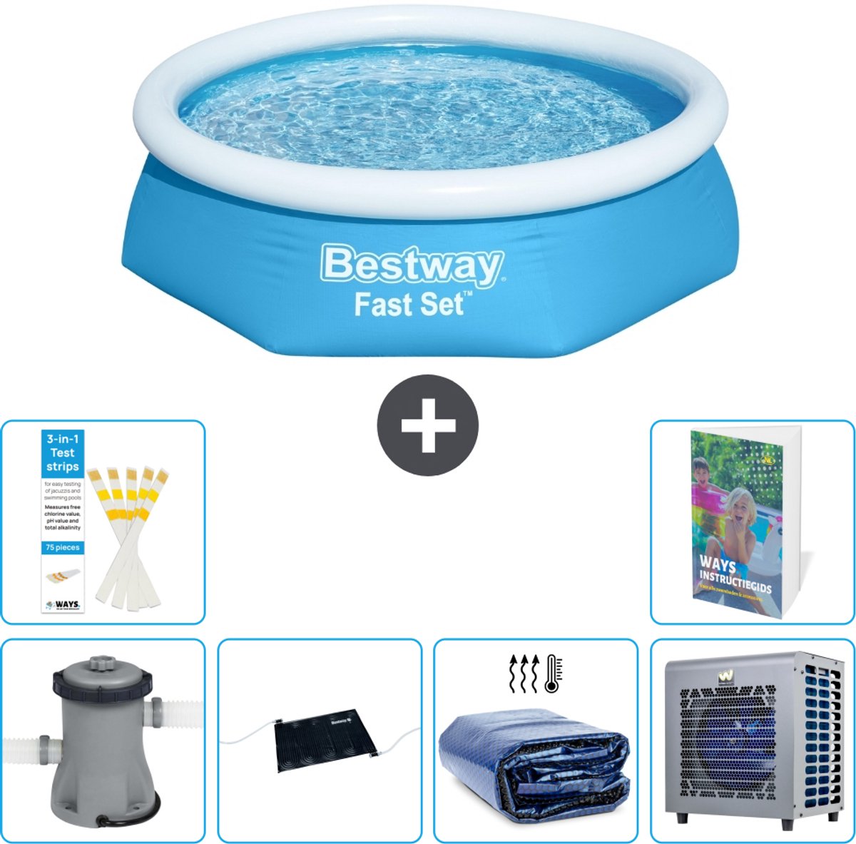 Bestway Rond Opblaasbaar Fast Set Zwembad - 244 x 61 cm - Blauw - Inclusief Pomp - Solar Mat - Solarzeil - Warmtepomp - 7-delig