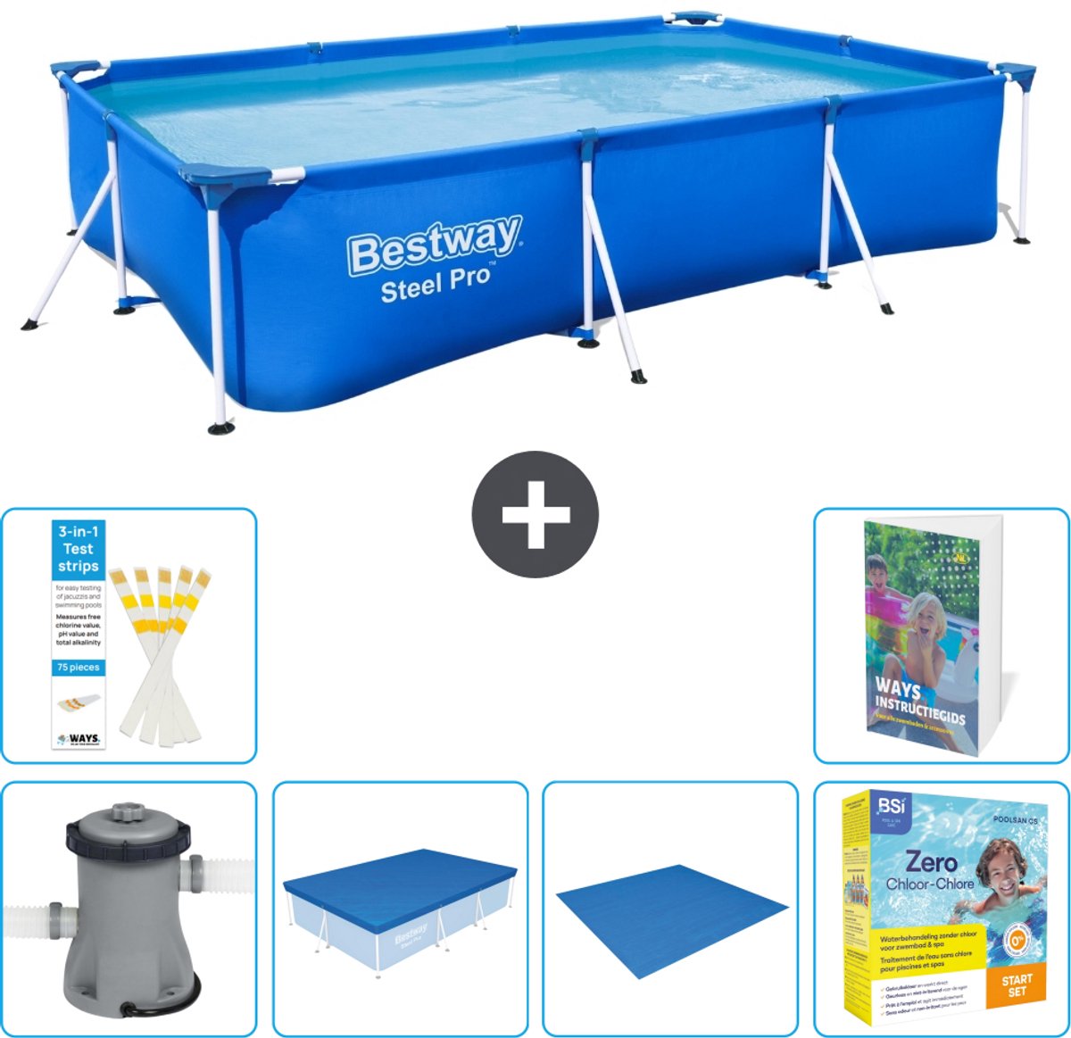 Bestway Rechthoekig Steel Pro Zwembad - 300 x 201 x 66 cm - Blauw - Inclusief Pomp - Afdekzeil - Grondzeil - Onderhoudspakket - 7-delig