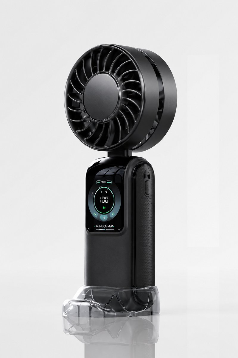 Handventilator - Mini Ventilator USB-C Oplaadbaar - 3600 mAh - Digitaal Display - 5 Snelheden - Krachtige Draagbare Ventilator - Zwart