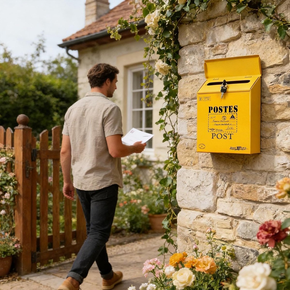 Muurbrievenbus - Afsluitbare postbus - Post ontvangen - Waterdicht metaal - 30x23x6 cm - Geel