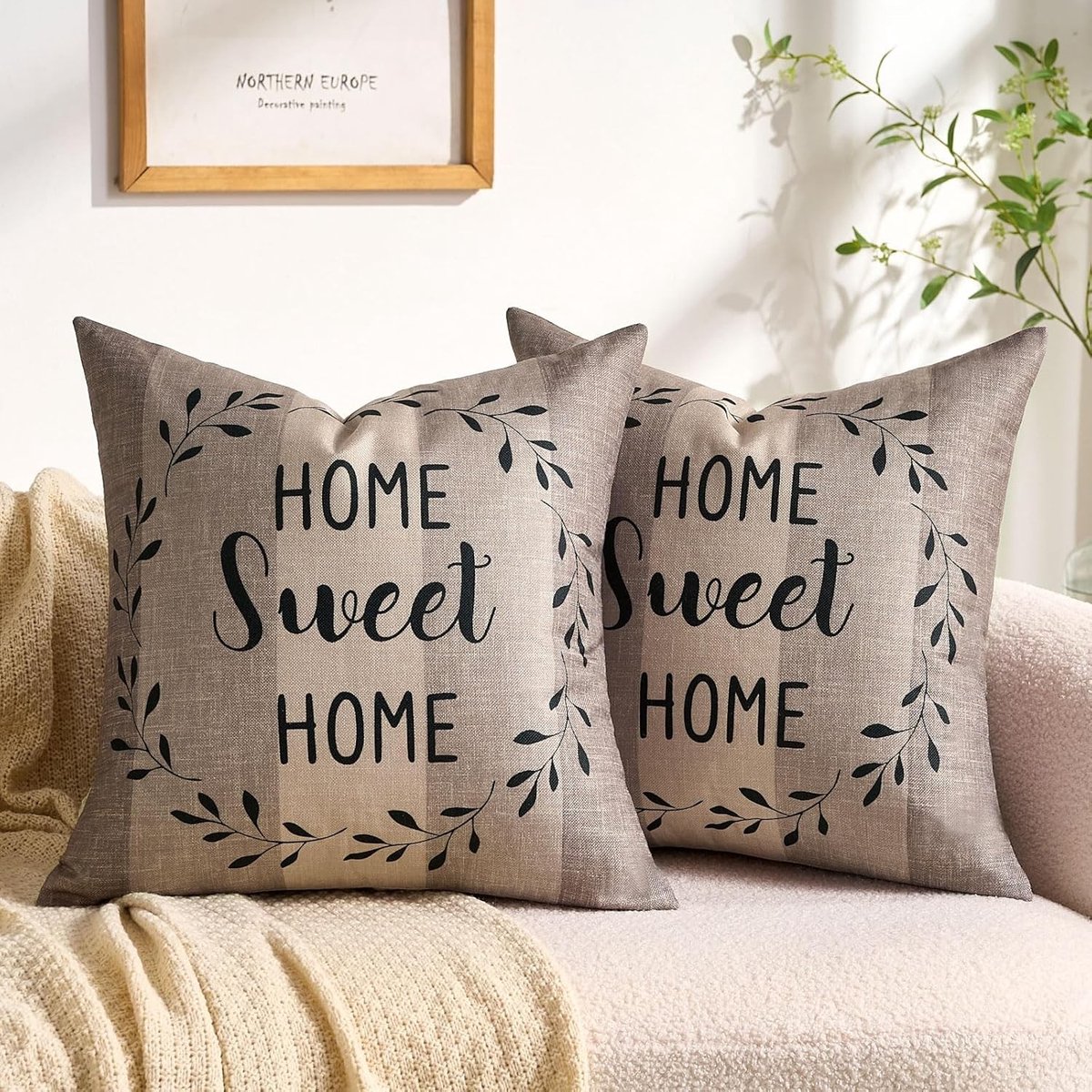 Beige Katoenen Kussenhoes 50 x 50 cm met 2 Strepen voor Sofa en Bank, Landelijke en Rustieke Stijl
