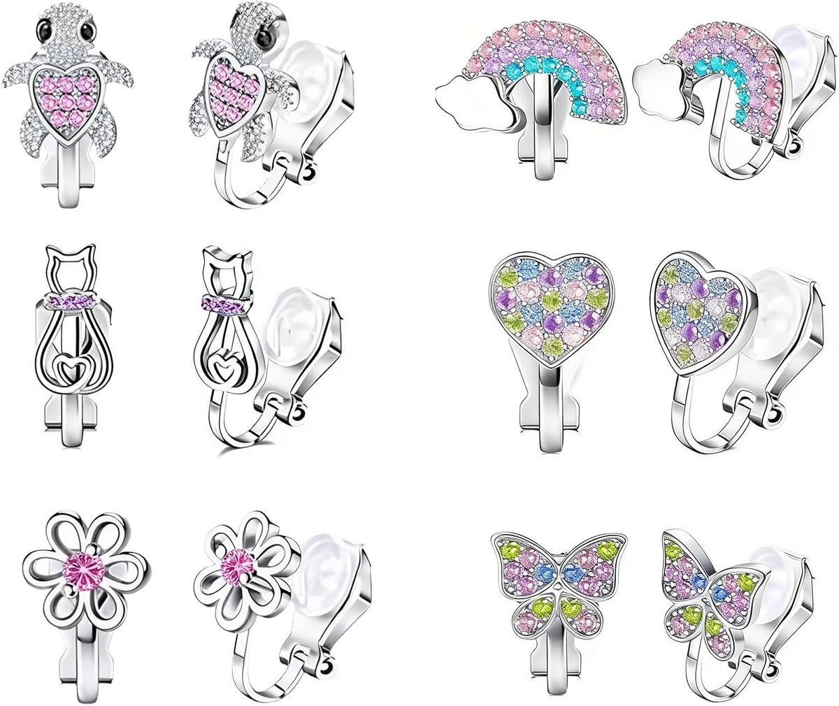 Hypoallergene Oorklemmen voor Meisjes met Vlinder, Bloem, Regenboog en Ster Design - Geen Oorgaatjes Nodig, Perfecte Kinderjuwelen voor Feestjes en Dagelijks Gebruik
