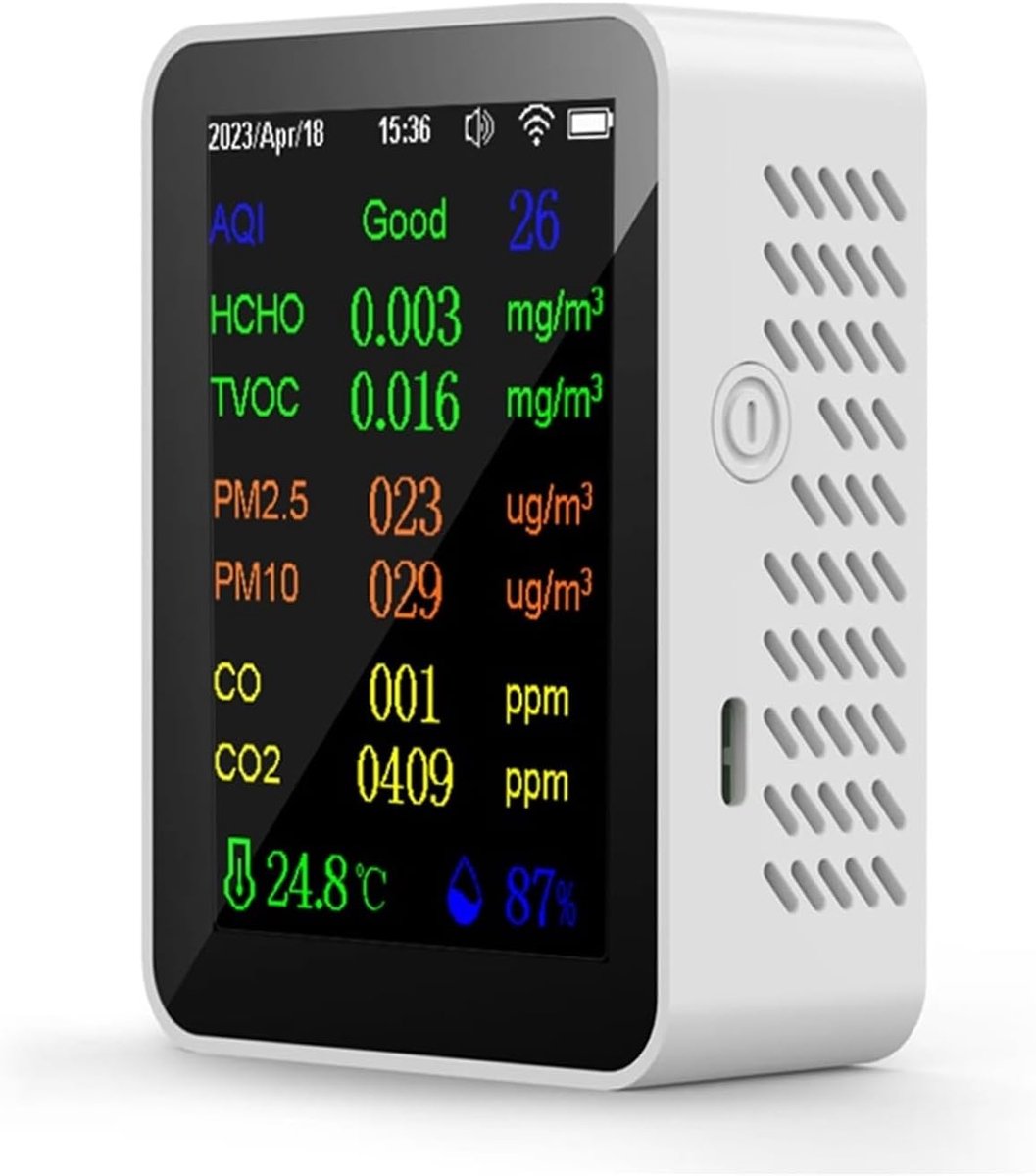 Luchtkwaliteit Meter - CO2 Detector - Binnenklimaat Meten - Kleurenscherm Indicatie - 70x90x35mm - Wit