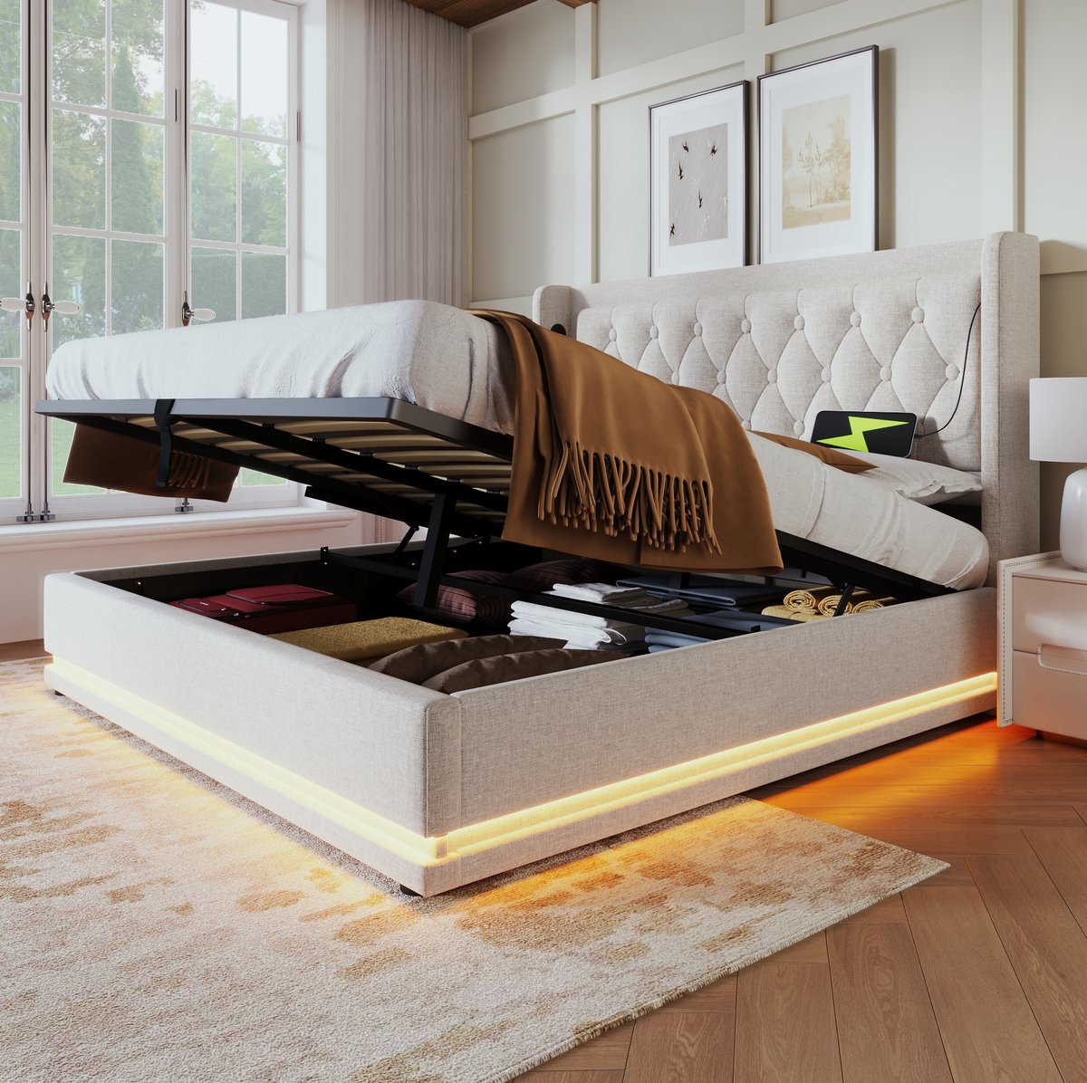 MEUNIQ tweepersoonsbed 180x200 cm met hydraulische opbergruimte, gestoffeerd bedframe met 