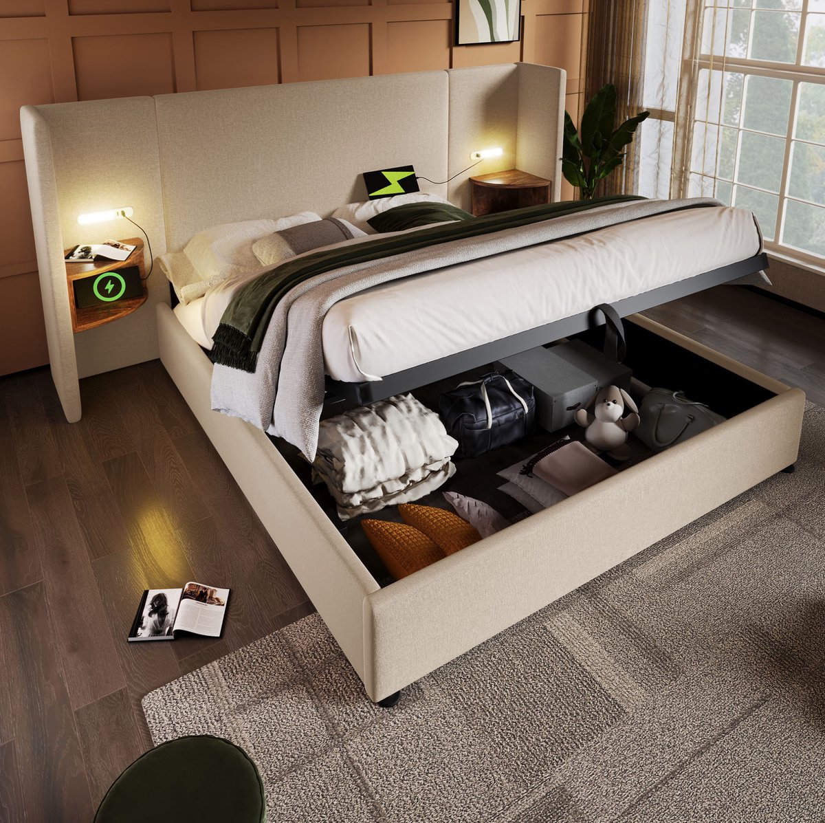 MEUNIQ tweepersoons bed 180x200 met opbergruimte, hoofdbord met leeslamp, 2 USB en 2 USB-C