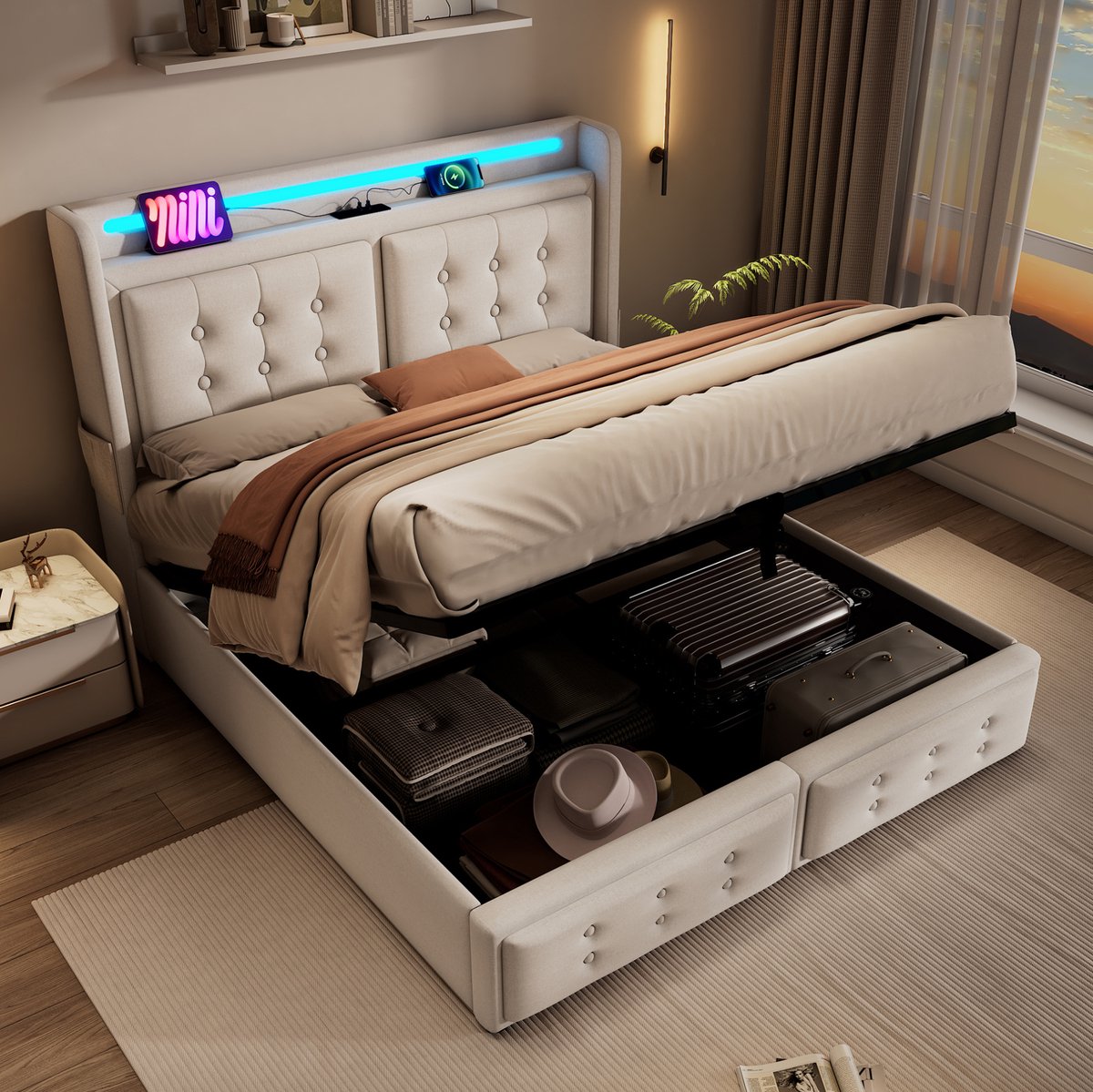 MEUNIQ gestoffeerd tweepersoons bed 160x200 met LED hoofdbord, stopcontact, USB-C en opbergruimte, lattenbodem van hout en metalen frame, beige slaapkamerbed