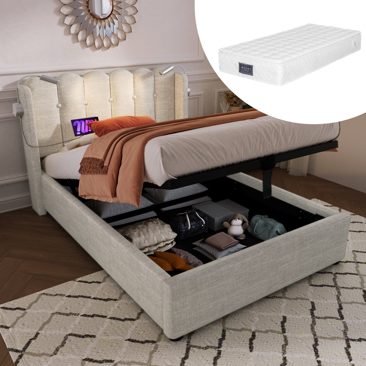 MEUNIQ Eenpersoons bed 90x200 cm met opbergruimte, leeslamp, USB-laadfunctie en lattenbode