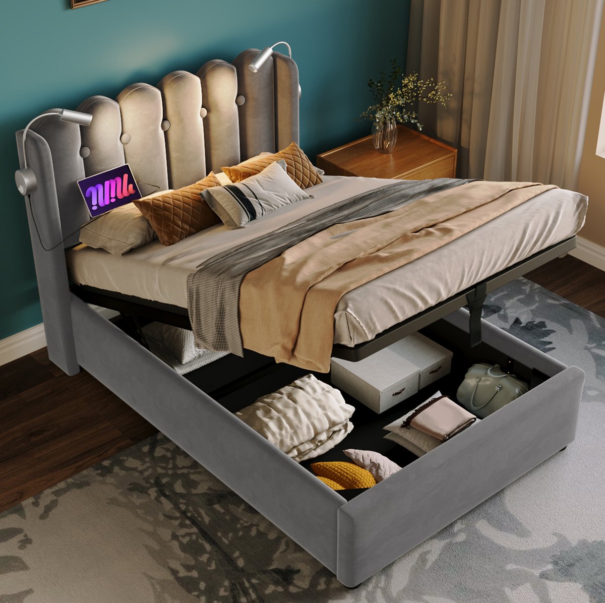 MEUNIQ eenpersoons bed 90x200 cm met opbergruimte, USB en leeslamp, grijs fluwelen bedfram