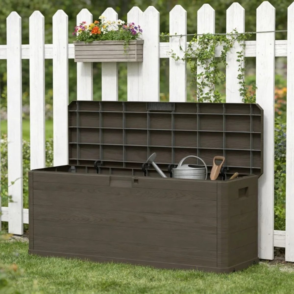 QJ Supply - opbergbox - tuinopslag - opbergkist - tuinkist - opbergmeubel - kunststof - houtlook - houtstructuur - bruin
