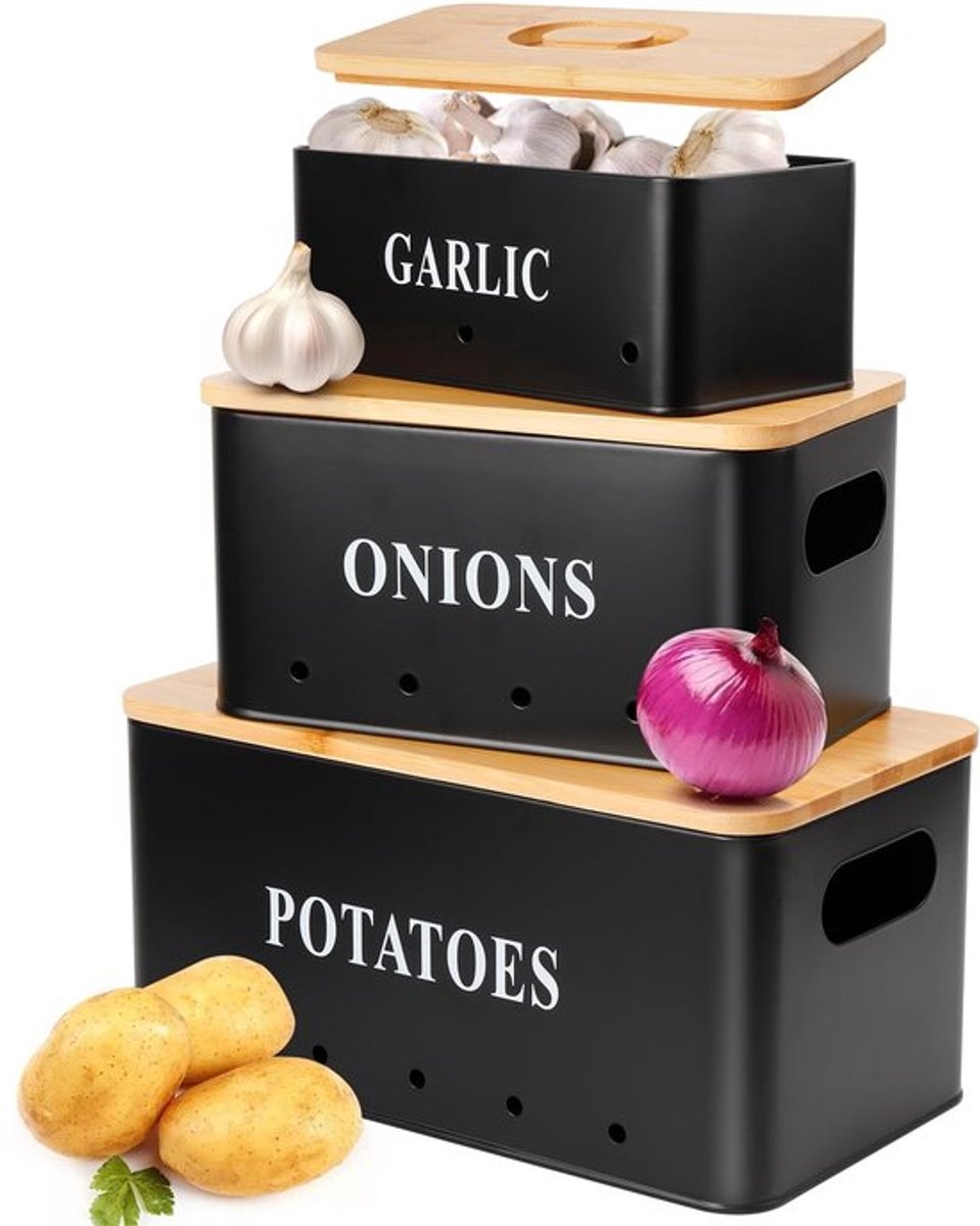 NTHProducts - Aardappelopslagbox - Set van 3 - Stapelbaar met bamboedeksel - Zwart