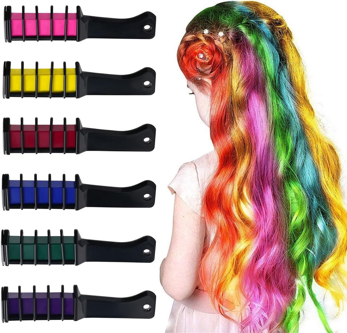 Kleurrijke Haarkrijt Kam Set voor Meisjes en Kinderen, Veilige Wasbare Haarverf voor Halloween, Feestjes en Cosplay, 6 Kleuren Haarverf Kam Tool