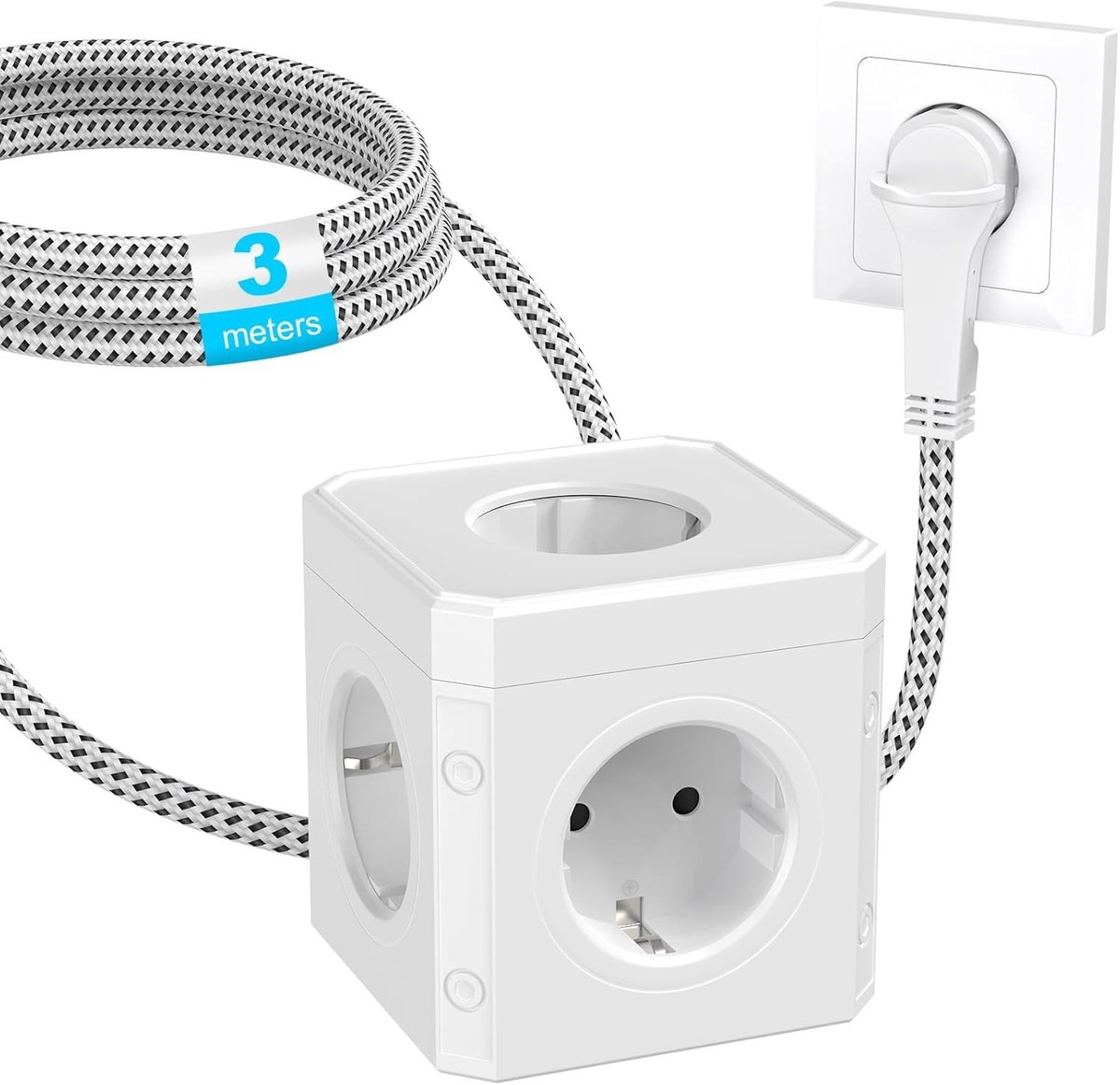 Meervoudige Stekkerdoos - Wit - 5 Schuko-aansluitingen - 3 Meter Kabel - Voor Huishoudelijk Gebruik