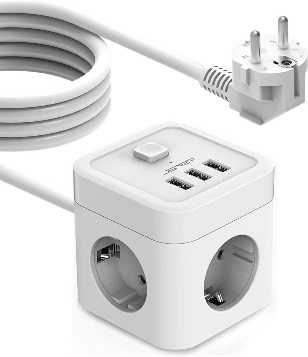 Stekkerblok - Wit - 5 m Verlengkabel - 3 USB-poorten - Voor Thuis, Kantoor of Op Reis