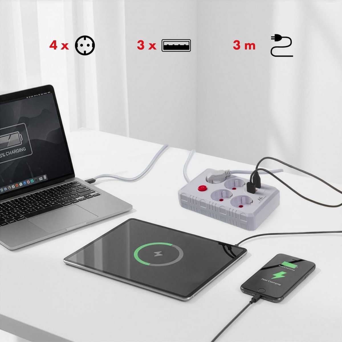 Stekkerdoos met USB - Wit - 4 Stopcontacten - 3 USB-poorten - Voor Thuis, Kantoor en Gaming