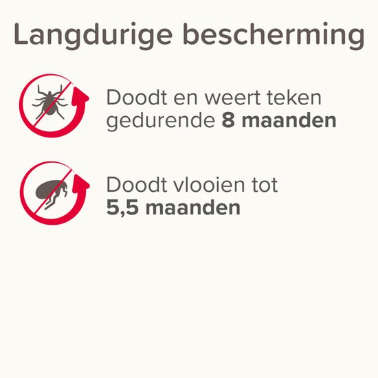 Diagram dat de werking van de Beaphar halsband uitlegt. Doodt en weert teken gedurende 8 maanden. Doodt vlooien tot 5,5 maanden.