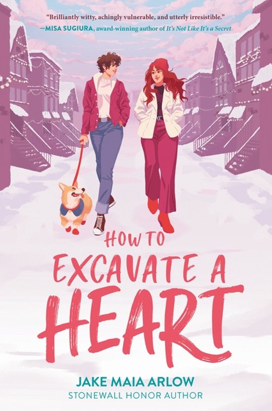 Twee jonge vrouwen en een hond lopen door een besneeuwde straat met lichtjes, illustratie voor "How to Excavate a Heart".