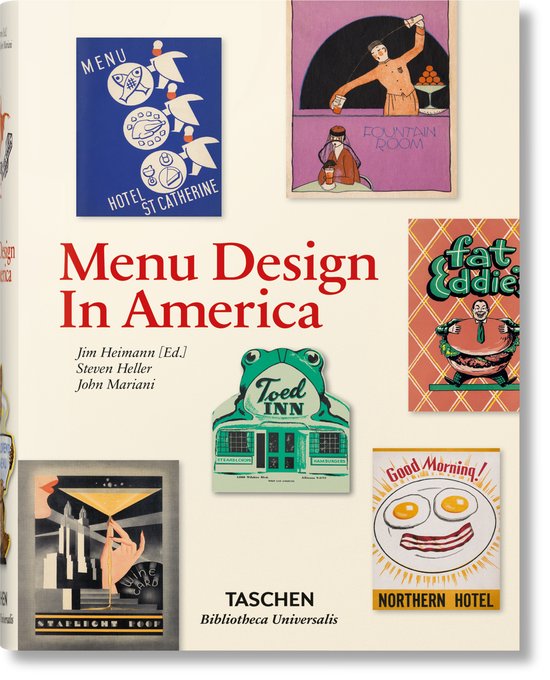 Boekomslag 'Menu Design In America' met vintage menu-ontwerpen, waaronder een menu van Hotel St. Catherine en een "Good Morning!"-advertentie.