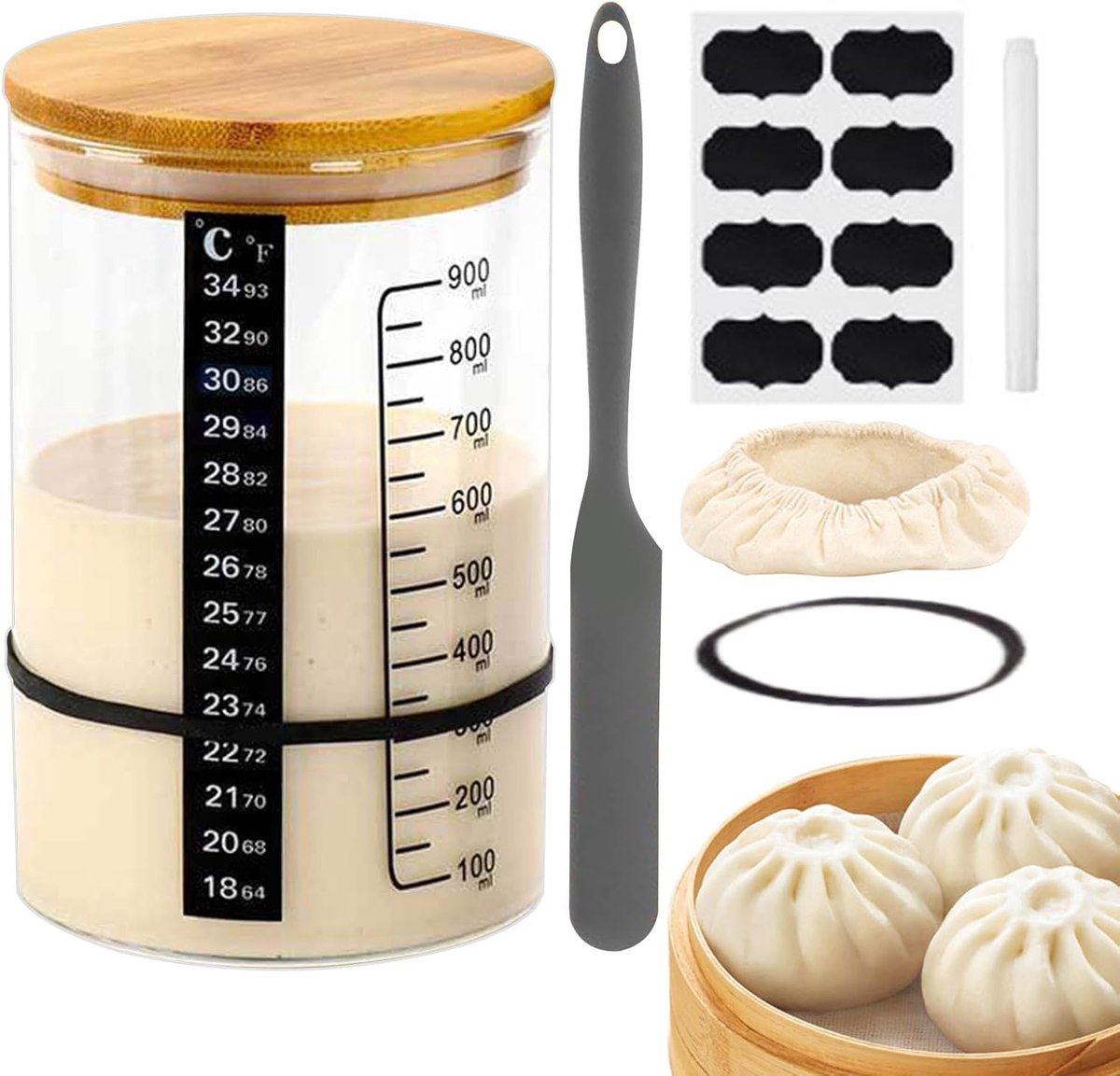 Glazen Fermentatiepot - Broodbak Starter - Zelf Brood Maken - Met Temperatuurmeter - 21 x 14 x 11 cm - Transparant