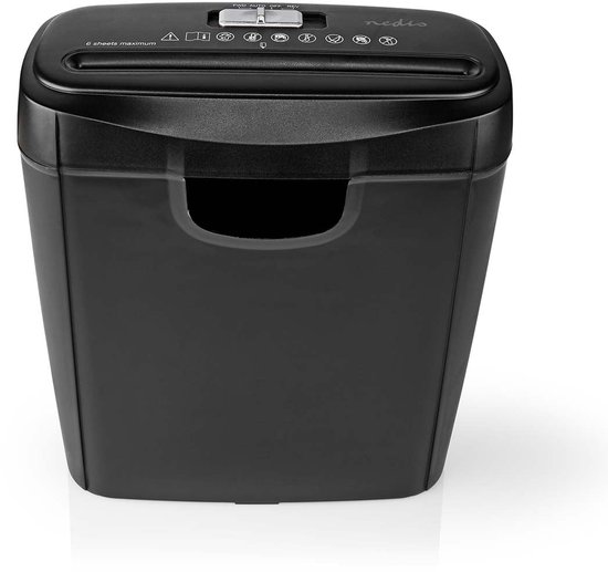 Zwarte papierversnipperaar met 6 vellen capaciteit en een 10L bak.