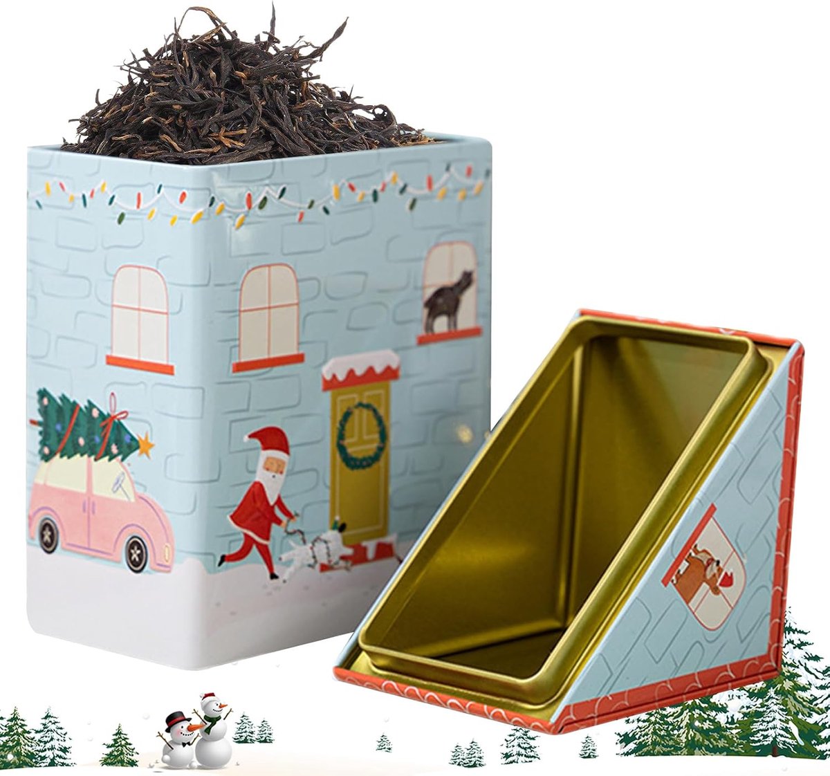 Kerst Blikken - Huis Vorm - Feestelijke Opslag - Vochtwerende Sluiting - 15 x 7 x 22 cm - Multicolor