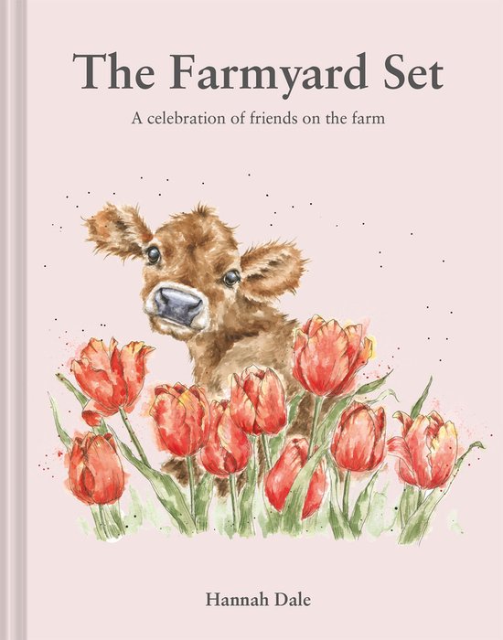 Boek met de titel 'The Farmyard Set', met een schattige kalf tussen rode tulpen.