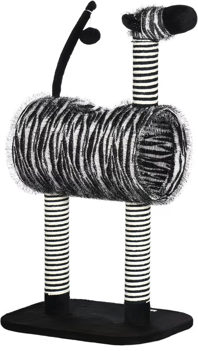 NordPaw® Kattenkrabpaal Zebra - Krabton met Tunnel - Krabpaal met Speelbal - Kattenmeubel 93 cm - Zwart/Wit
