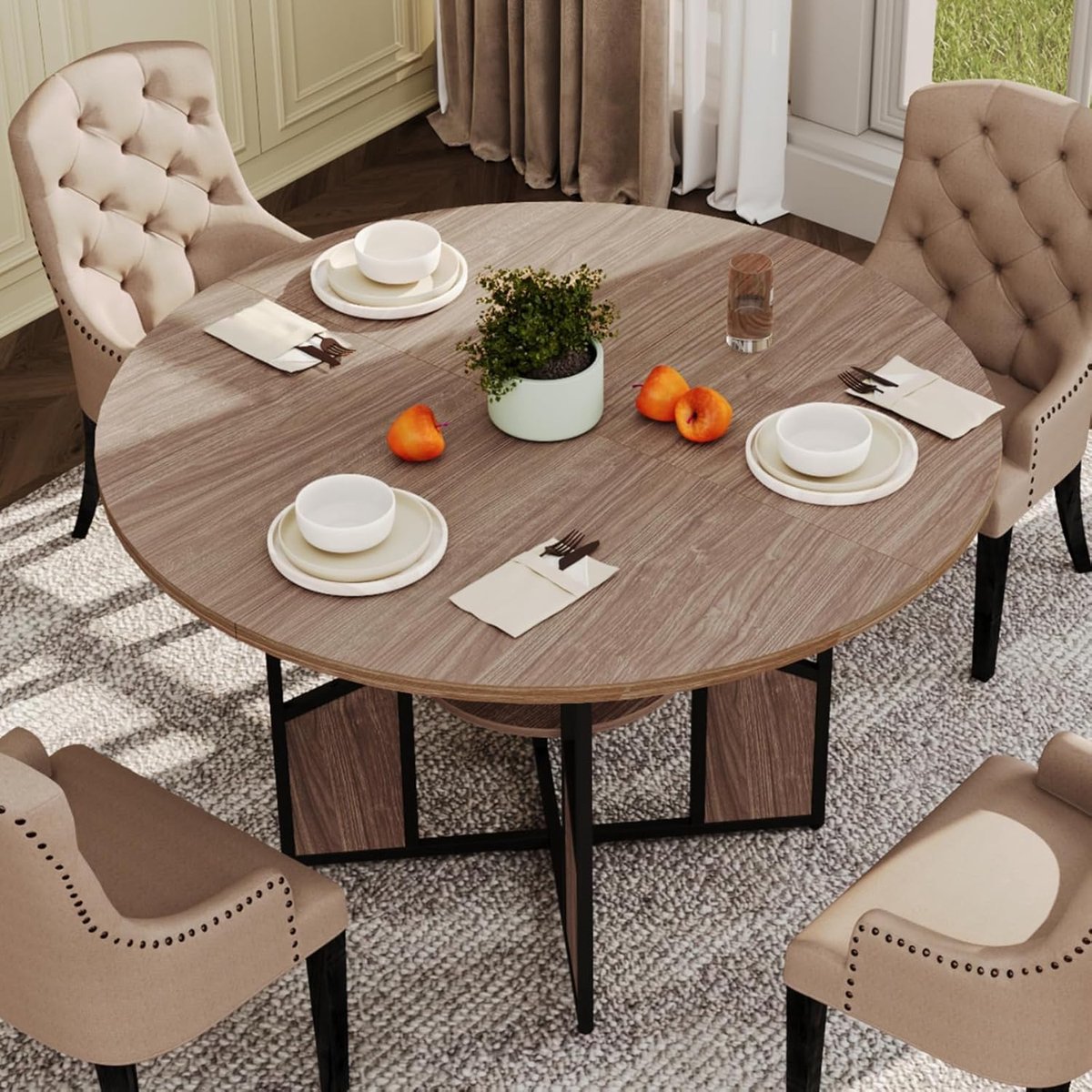Eettafel Rond 150cm - 150x150x75cm - Opbergruimte en Stevige tafelpoten - Keukentafel geschikt voor 4 Personen - Zonder Stoelen - voor Eetkamer en Woonkamer - Walnootkleur