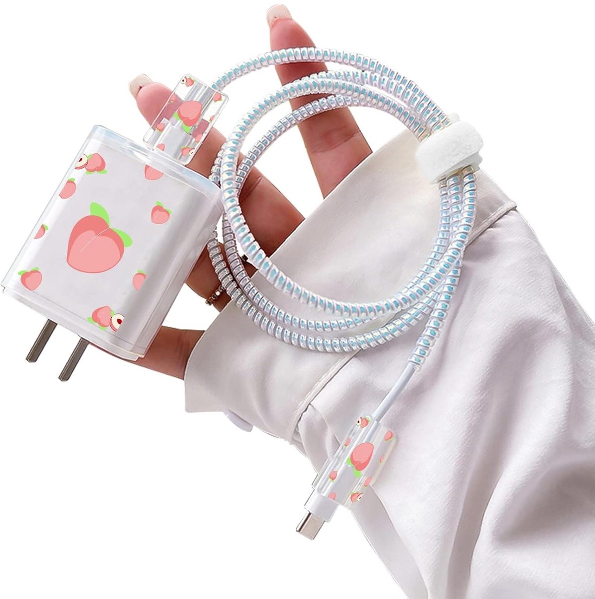 Schattige Beschermende Kabelbeschermers Set voor iPhone, USB Oplaadkabel, Dierenbeet Bescherming met Fruitperzikpatroon voor Meisjes, Anti-Breuk en Kabelbeveiliging